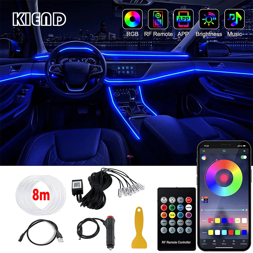 Car Interior LED Light RGB Fiber Optic Ambient Strip Neon Lighting Kit APP Remote Control Auto Decorative Atmosphere Lamps