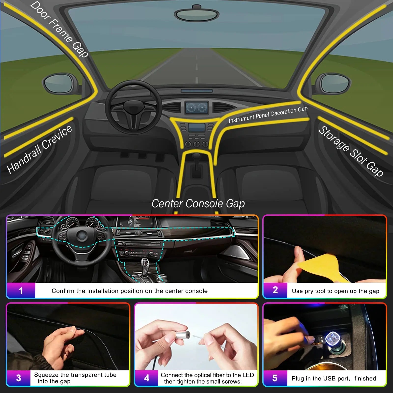 Car Interior LED Light RGB Fiber Optic Ambient Strip Neon Lighting Kit APP Remote Control Auto Decorative Atmosphere Lamps