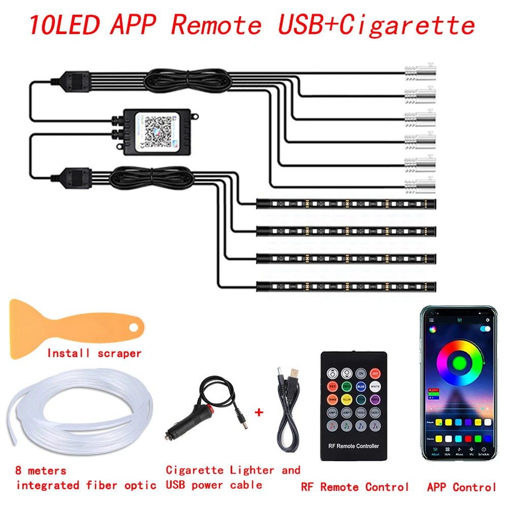 Car Interior LED Light RGB Fiber Optic Ambient Strip Neon Lighting Kit APP Remote Control Auto Decorative Atmosphere Lamps