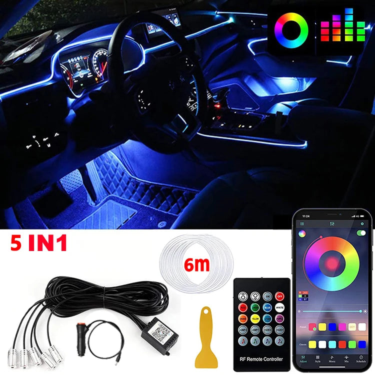 Car Interior LED Light RGB Fiber Optic Ambient Strip Neon Lighting Kit APP Remote Control Auto Decorative Atmosphere Lamps