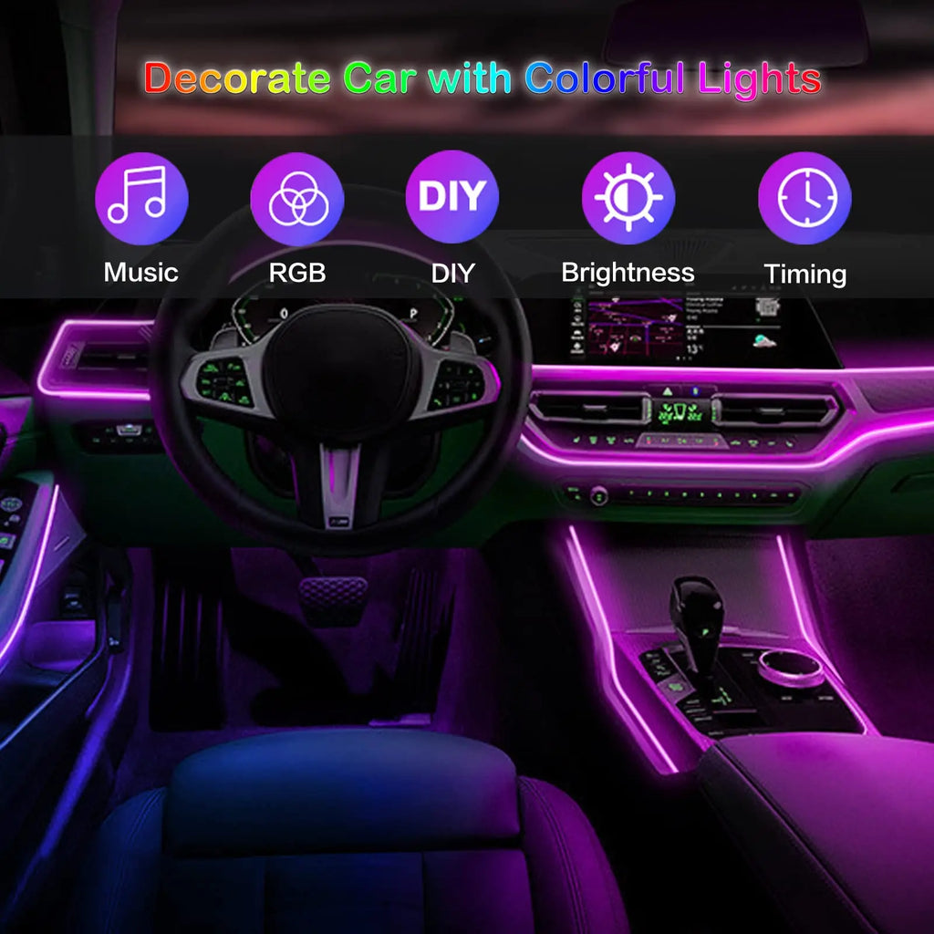 Car Interior LED Light RGB Fiber Optic Ambient Strip Neon Lighting Kit APP Remote Control Auto Decorative Atmosphere Lamps