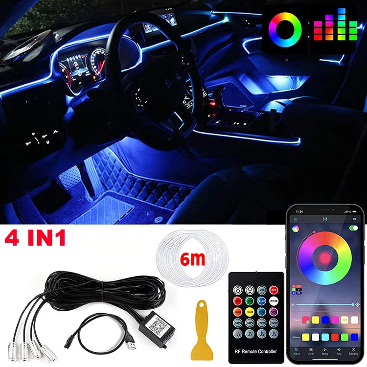 Car Interior LED Light RGB Fiber Optic Ambient Strip Neon Lighting Kit APP Remote Control Auto Decorative Atmosphere Lamps