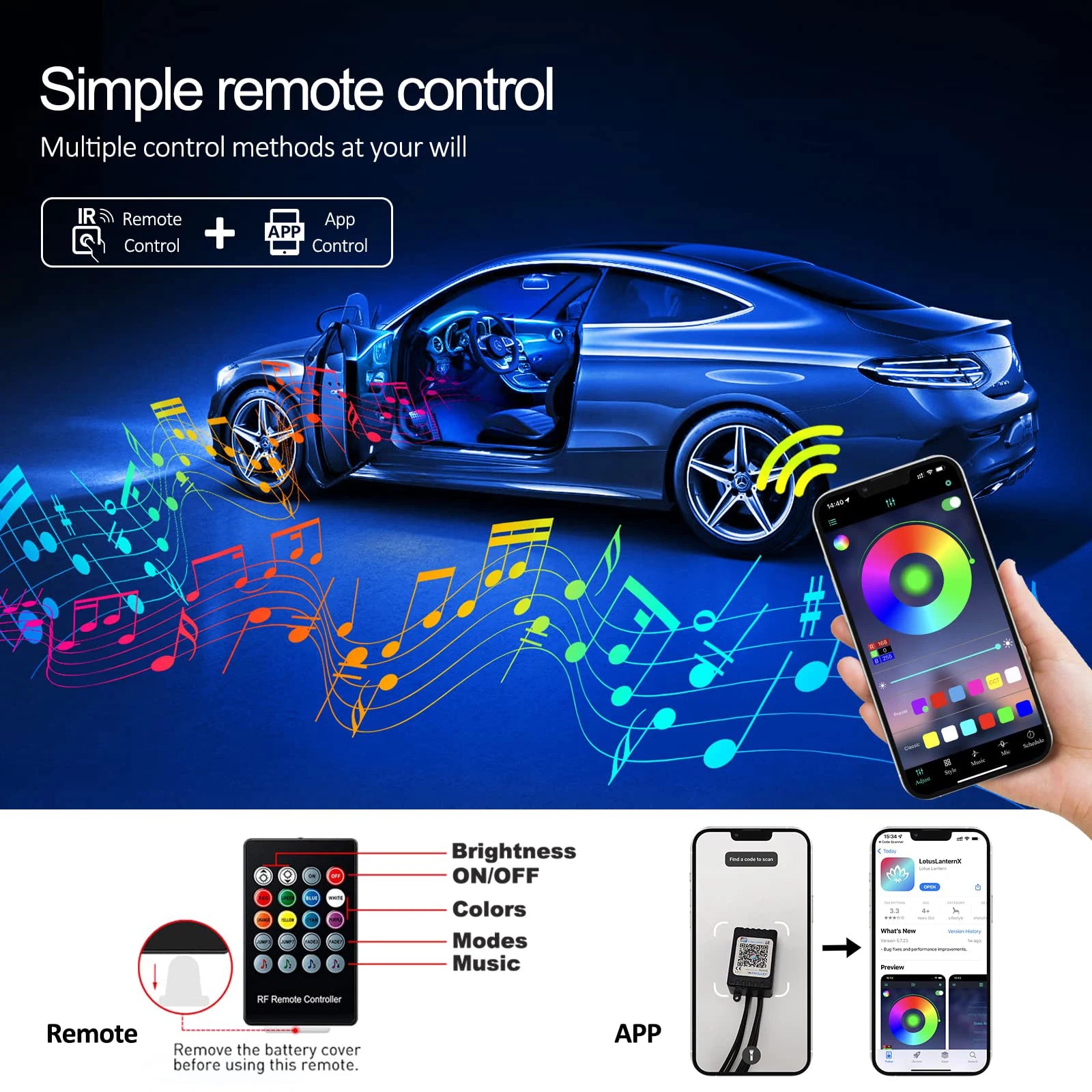 Car Interior LED Light RGB Fiber Optic Ambient Strip Neon Lighting Kit APP Remote Control Auto Decorative Atmosphere Lamps